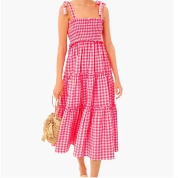 Pomander Place Tuckernuck Tiered Nellie Dress Electric Pink Gingham Plaid Large - Picture 2 of 16